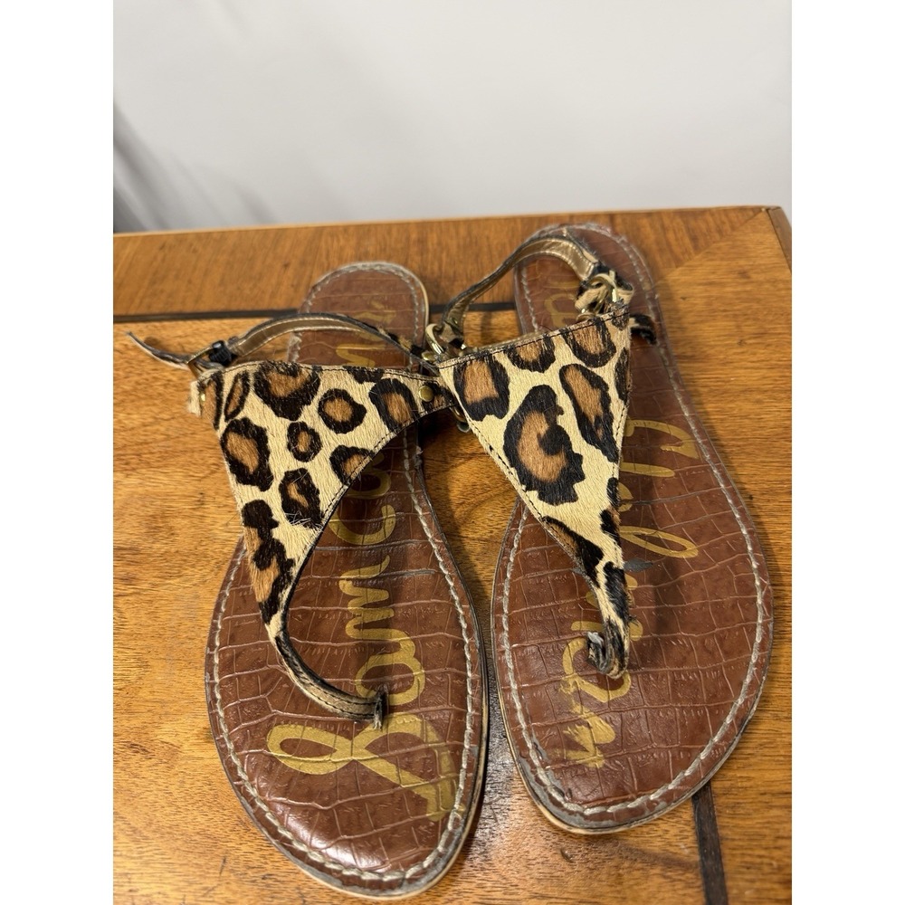 Sam Edelman Women's 10 Gigi Tan‎ Leopard Calf Hair Thong Sandals Gold Accents